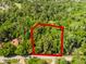 Aerial view of wooded lot with a red boundary line; lush, green foliage abounds in this secluded, quiet property at 102 Wild Plum Ln, Longwood, FL 32779