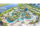 Aerial view of the community lazy river waterpark with pools, mini golf, and lush landscaping, offering fun for all ages at 3120 Paradox Cir # 101, Kissimmee, FL 34746