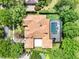 Stunning aerial view of a home with a screened-in pool surrounded by lush landscaping and mature trees at 32613 View Haven Ln, Sorrento, FL 32776