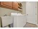 Well-equipped laundry room with a sink, cabinets, shelving, and a white washer and dryer set at 32613 View Haven Ln, Sorrento, FL 32776