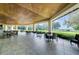 Spacious outdoor patio with vaulted wood ceilings, dining tables, and views of the lush backyard at 32613 View Haven Ln, Sorrento, FL 32776