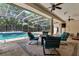 Stunning screened-in pool with a spa, outdoor bar area, and comfortable seating for relaxing and entertaining at 32613 View Haven Ln, Sorrento, FL 32776