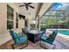 Outdoor living area features a screened-in pool, spa, and comfortable seating around a fire pit at 32613 View Haven Ln, Sorrento, FL 32776