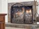 Close-up of a fireplace with a decorative metal screen and stone hearth at 4916 Winwood Way, Orlando, FL 32819