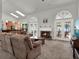Cozy living room featuring a fireplace, plush seating, and natural light from skylights at 4916 Winwood Way, Orlando, FL 32819