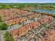 Aerial view showcasing a community of colorful townhomes, each with its own screened-in pool and parking at 8972 Coco Palm Rd, Kissimmee, FL 34747