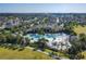 Areal view of the community pool and clubhouse, offering a serene escape with palm trees and lush landscaping at 9432 Komika Ln, Winter Garden, FL 34787