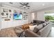 Cozy living room with custom built-in shelving, a large sectional sofa, and sliding doors to the outdoors at 2789 Southland St, St Cloud, FL 34772