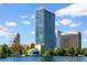 Stunning view of the building overlooking Lake Eola in downtown Orlando with a rainbow stage at 150 E Robinson St # 4A, Orlando, FL 32801