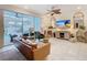 Cozy living room with a large sliding glass door leading to an outdoor pool and patio area at 4098 Lana Ave, Davenport, FL 33897