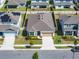 An aerial view of a one story house with a two car garage, manicured lawn and landscaping in a well maintained neighborhood at 4012 Meandering Bay Dr, Apopka, FL 32712