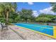 Outdoor shuffleboard court with vibrant blue playing surface, brick pavers and mature landscaping at 107 Rum Run # 107, Davenport, FL 33897