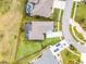 Aerial view of a home showcasing a private pool, screened lanai, driveway, and surrounding manicured lawn at 219 Strathmore Cir, Kissimmee, FL 34744