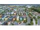 A high-angle aerial view of a neighborhood with colorful vacation homes and a parking area at 3083 Key Lime Loop, Kissimmee, FL 34747