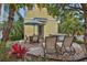 Backyard patio with a table, chairs, and an umbrella, perfect for outdoor dining and relaxation at 3083 Key Lime Loop, Kissimmee, FL 34747