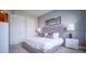 Comfortable bedroom featuring stylish decor, soft carpet, and ample natural light for a relaxing atmosphere at 7595 Sunny Dreams Ln, Kissimmee, FL 34747