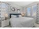 This bedroom features a large bed with white bedding, two windows, and blue patterned accent decor at 7759 Westland Dr, Kissimmee, FL 34747