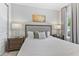 Bedroom featuring a soft gray headboard, matching nightstands and lamps, a plush white comforter, and a window at 7759 Westland Dr, Kissimmee, FL 34747