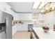 The updated kitchen features stainless steel appliances and white cabinets and countertops at 25929 Newcombe Cir, Leesburg, FL 34748