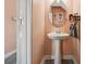 This powder room includes a pedestal sink, an oval mirror, and stylish decor on soft coral colored walls at 1350 Royal St George Blvd, Davenport, FL 33896