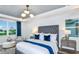 Inviting main bedroom featuring a gray bed frame, crisp white bedding, blue accents, and ample natural light at 15148 Willow Ridge Dr, Montverde, FL 34756