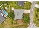 Aerial view of home featuring a private pool, lush landscaping and a backyard shed at 201 Churchill Ct, Kissimmee, FL 34758