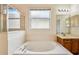 Bright bathroom featuring a soaking tub, natural light, and vanity with storage at 3514 Forest Ridge Ln, Kissimmee, FL 34741