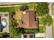 Overhead aerial view of the property featuring the backyard with a pool and the roof at 400 Woodview Dr, Longwood, FL 32779
