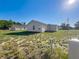 Image showcasing backyard with gray exterior and a partially lawned area, captured under a clear sky at 12388 Se 106Th Ave, Belleview, FL 34420