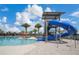 Fun pool area featuring a blue water slide, palm trees, and plenty of seating at 3041 Cardillino Way, Kissimmee, FL 34741