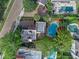 Expansive aerial view of a charming home with a luxurious backyard pool, lush landscaping, and brick-paved surroundings at 511 Woodlawn Blvd, Orlando, FL 32801