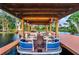 Covered pontoon boat at the dock, perfect for enjoying leisurely days on the water at 12228 Kirby Smith Rd, Orlando, FL 32832