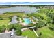Aerial view of community pool surrounded by palm trees and green space at 1706 Lake Sims Pkwy, Ocoee, FL 34761