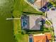 Aerial view showcasing a screened pool, backyard dock and beautifully landscaped lawn on a waterfront home at 711 Windlass Ct, Kissimmee, FL 34746