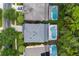 Aerial view of homes with private pools and screened enclosures surrounded by lush trees at 8404 Secret Key Cv, Kissimmee, FL 34747