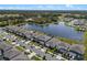 Aerial view showcases the neighborhood with pond and numerous similar single Gathering homes at 5648 Cedar Chase Dr, St Cloud, FL 34771