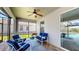 Relaxing screened lanai featuring a ceiling fan, blue outdoor furniture, and a view of the pool at 6152 Meriwether, Winter Garden, FL 34787