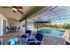 A covered lanai with dining and lounge areas offers a view of the pool and backyard at 6152 Meriwether, Winter Garden, FL 34787