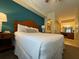 Comfortable bedroom with wooden headboard, bedside tables, lamps, and ensuite bathroom access at 8125 Resort Village Dr # 51006, Orlando, FL 32821