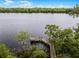 An aerial view of a private wooden dock with access to a beautiful lake surrounded by lush greenery and tall trees at 889 Kensington Gardens Ct, Oviedo, FL 32765