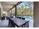 Covered outdoor dining area with ample seating, overlooking the pool and lush greenery, ideal for entertaining at 10033 Hart Branch Cir, Orlando, FL 32832