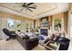 Relaxing living room features tile floors, a cozy fireplace, two sofas and views of the backyard at 1112 Orange Ave, Winter Springs, FL 32708