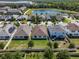 Aerial view of homes backing onto a lake, showcasing fenced yards and the community's layout at 12188 Ryegrass Trl, Orlando, FL 32824