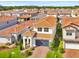 Beautiful two-story home boasts a gray garage door, lush landscaping and a terracotta roof at 13543 Abberwick Dr, Orlando, FL 32832