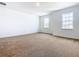 Bright bedroom with light carpeting, white trim, and two windows at 19065 Blueleaf St, Orlando, FL 32827
