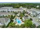 Beautiful aerial view of townhomes with a community pool and lush tropical landscaping and ample parking spaces at 861 Taramundi Dr, Oviedo, FL 32765
