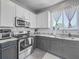 A modern kitchen featuring white cabinets and stainless steel appliances with natural light at 1225 Greenley Ave, Groveland, FL 34736