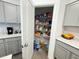 Walk-in kitchen pantry with ample shelving stocked with food and household supplies at 1412 Brentwood Dr, Kissimmee, FL 34746