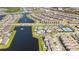 Expansive aerial view featuring lakes, community pool, tennis courts, and rows of charming homes at 10209 Folly Beach Rd, Orlando, FL 32827
