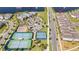 Aerial view of community amenities including pool, tennis courts, and lush landscaping near a lake at 10209 Folly Beach Rd, Orlando, FL 32827